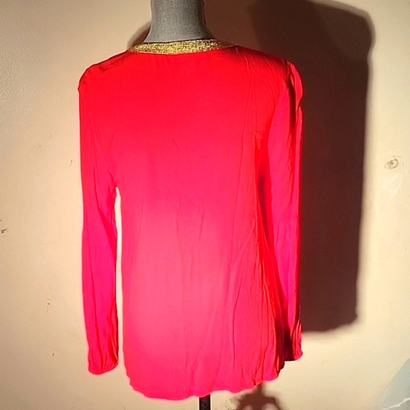 Michael Kors Woman's Long Sleeve Red With Gold Neckline Trim Blouse, Size: M - Picture 5 of 9
